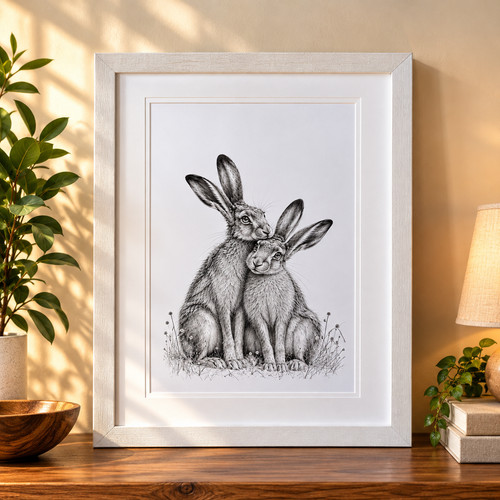 Pair hares framed print - of,